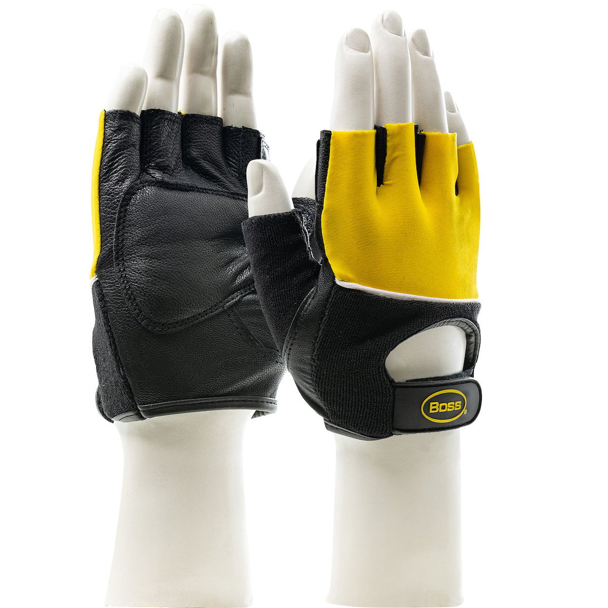 Boss Goatskin Leather Palm with Gel + Foam Anti-Vibration Padding and Fabric Back - Half-Finger Design