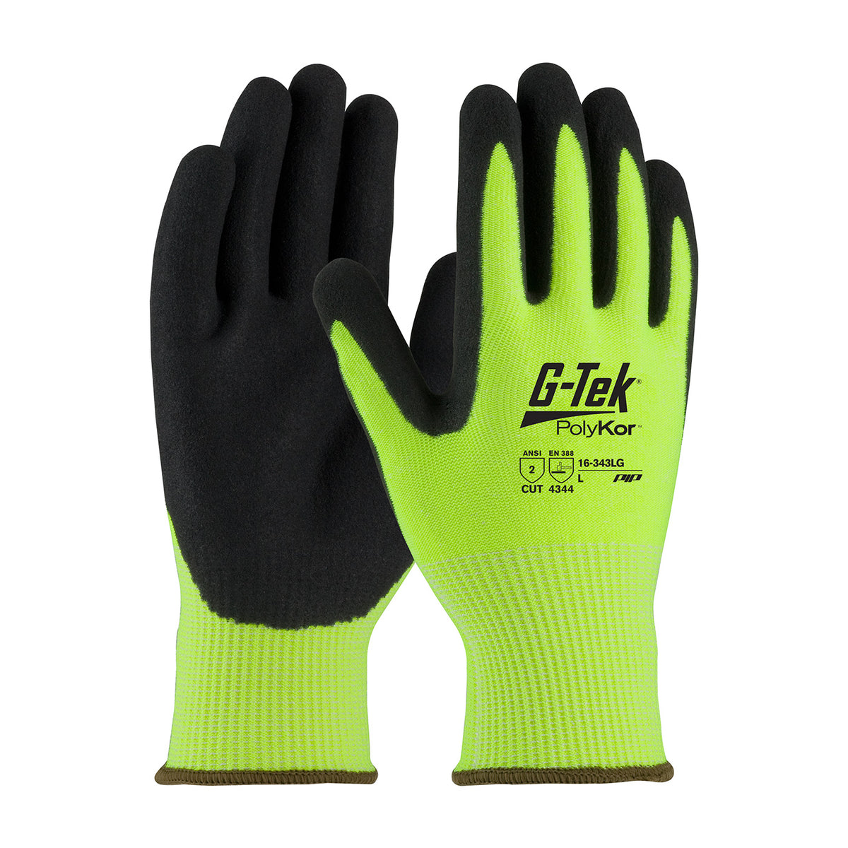 PIP Hi-Vis Seamless Knit A2 PolyKor® Blended Glove with Double-Dipped Nitrile Coated MicroSurface Grip on Palm &amp; Fingers