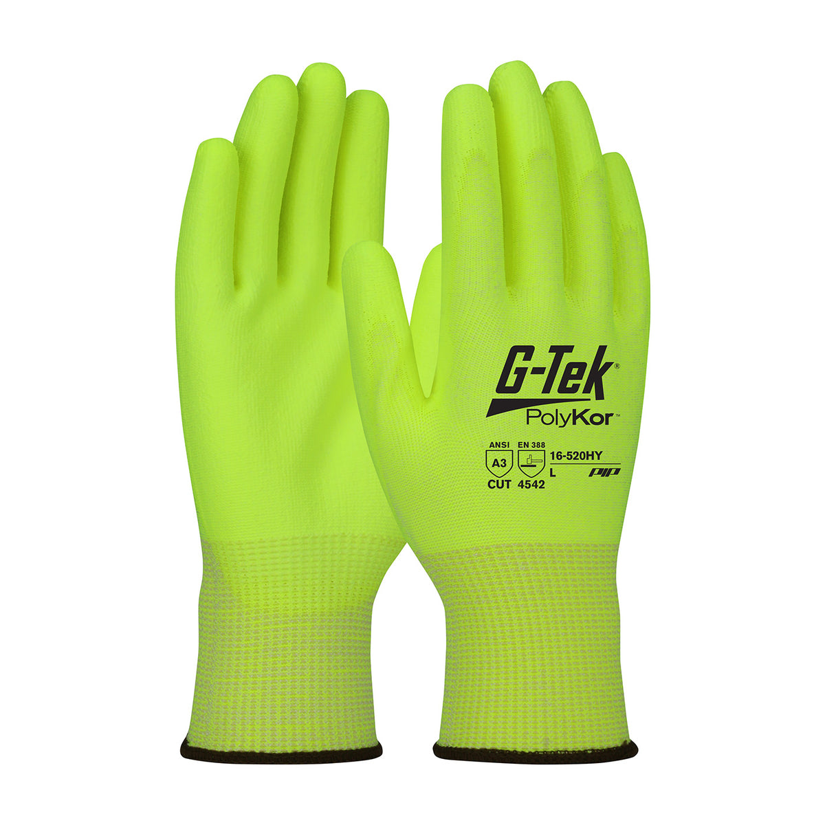 PIP Hi-Vis Seamless Knit A3 PolyKor® Blended Glove with Polyurethane Coated Flat Grip on Palm &amp; Fingers