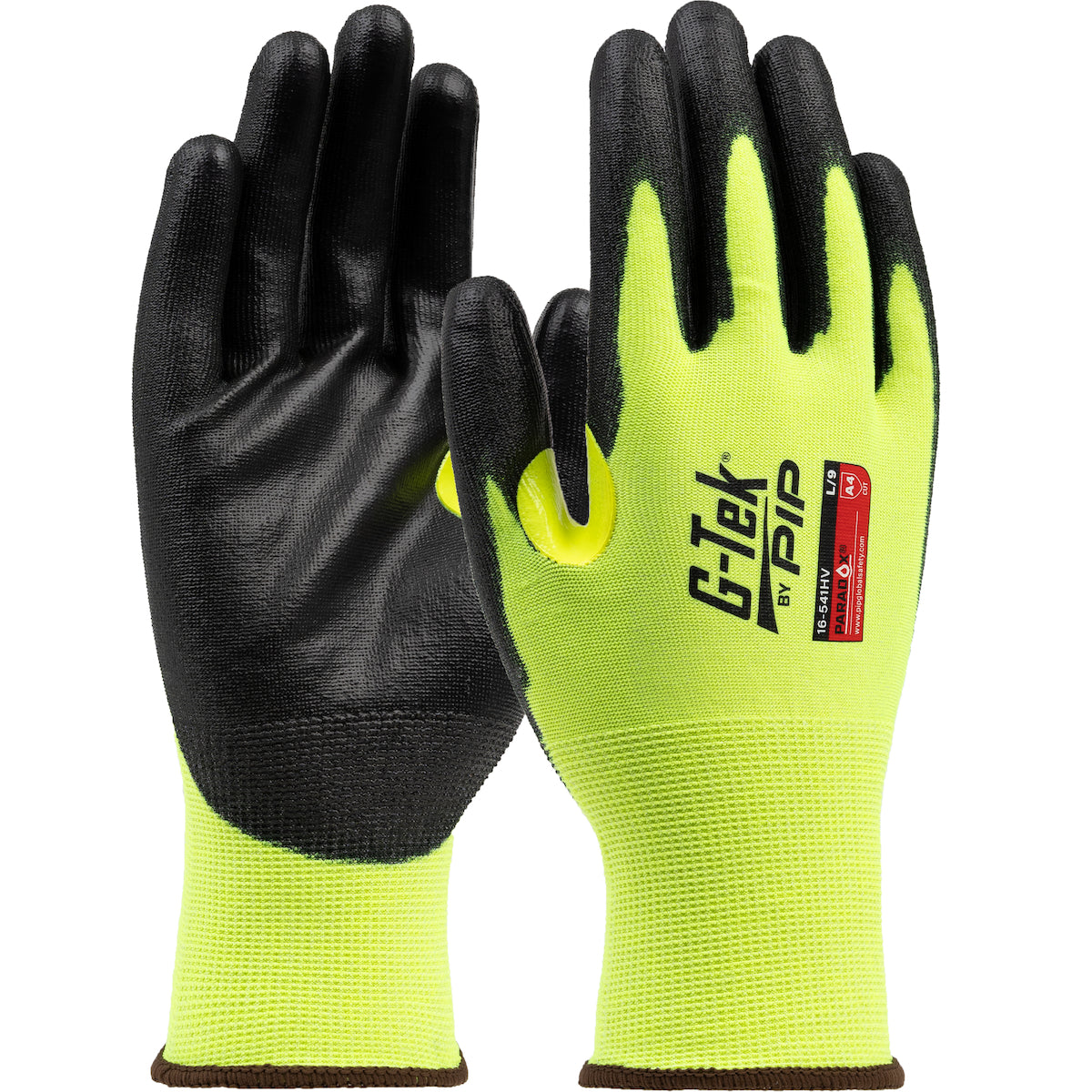 PIP Hi-Vis Seamless Knit PolyKor® Blended Glove with Polyurethane Coated Flat Grip on Palm &amp; Fingers - 21 Gauge - Touchscreen