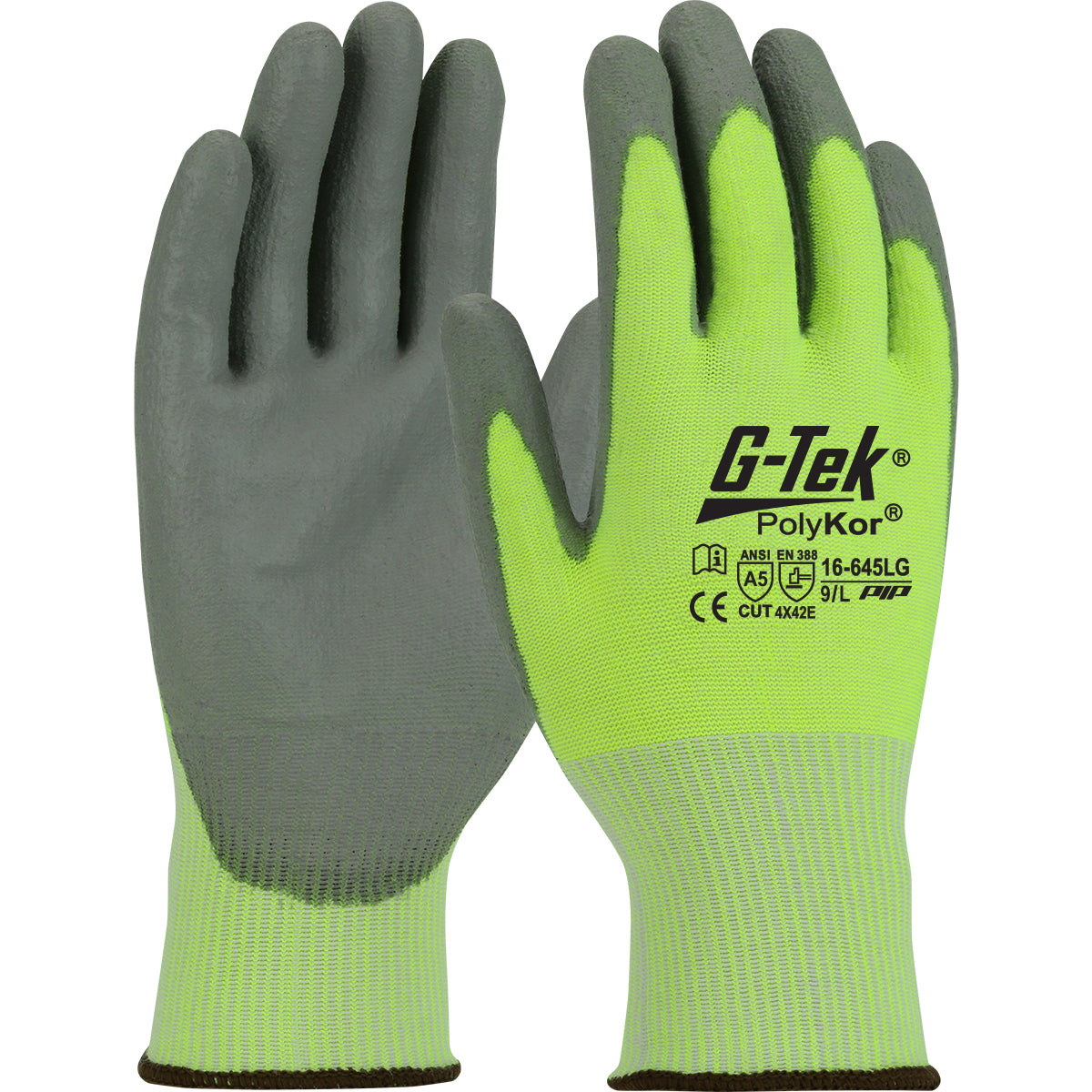 PIP Hi-Vis Seamless Knit A5 PolyKor® Blended Glove with Polyurethane Coated Flat Grip on Palm &amp; Fingers