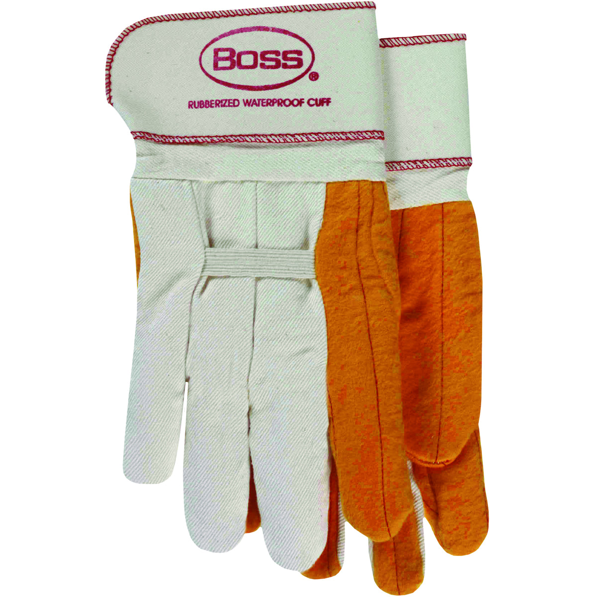 Boss Regular Grade Chore Glove with Double Layer Palm, Cotton Back and Nap-Out Finish - Rubberized Safety Cuff – L
