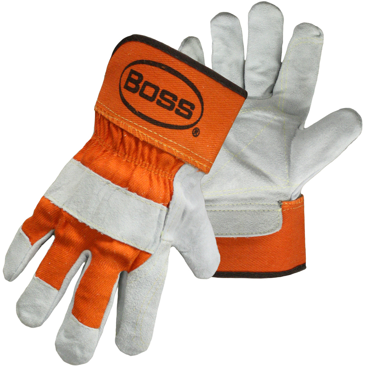 Boss Superior Grade Split Cowhide Leather Double Palm Glove with Canvas Back and Aramid Stitching - Rubberized Safety Cuff
