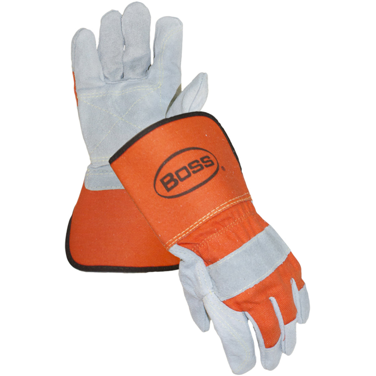 Boss Superior Grade Split Cowhide Leather Double Palm Glove with Canvas Back and Aramid Stitching - Rubberized Gauntlet Cuff