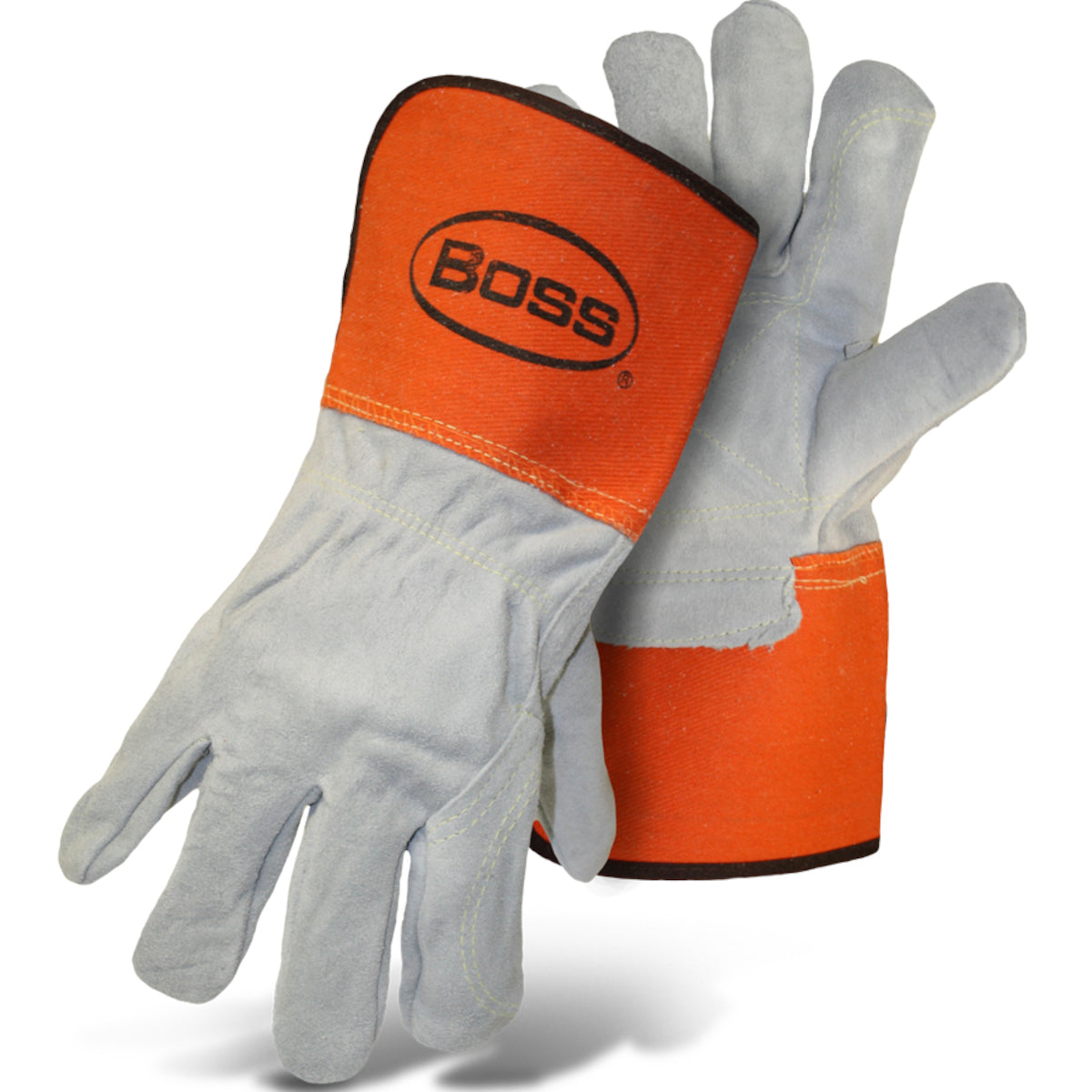 Boss Superior Grade Split Cowhide Leather Double Palm Glove with Full Leather Back and Aramid Stitching - Rubberized Gauntlet Cuff – L