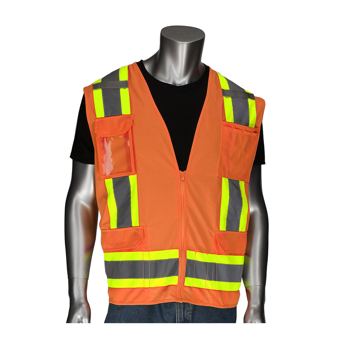ANSI Type R Class 2 Two-Tone Eleven Pocket Surveyors Vest with Solid Front/Mesh Back  and "D" Ring Access