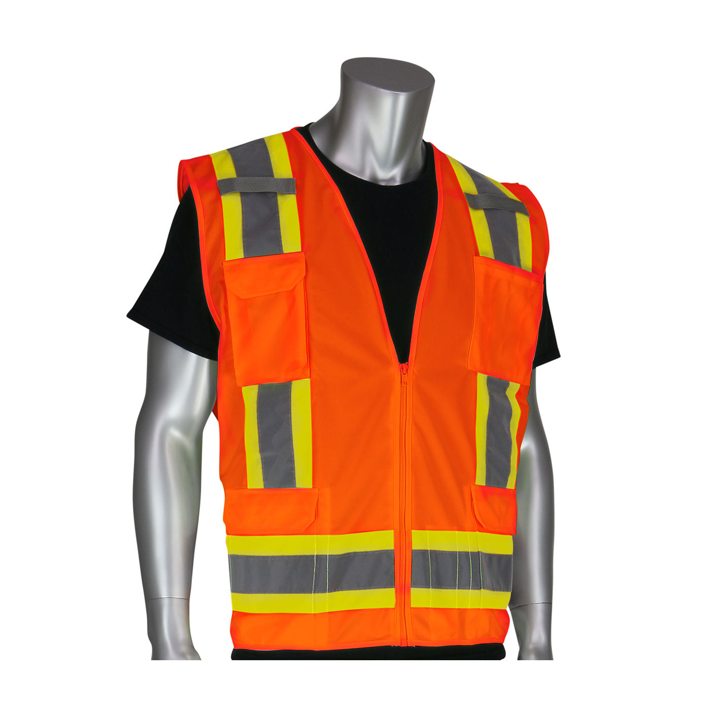ANSI Type R Class 2 Two-Tone Eleven Pocket Surveyors Vest with Solid Front/Mesh Back