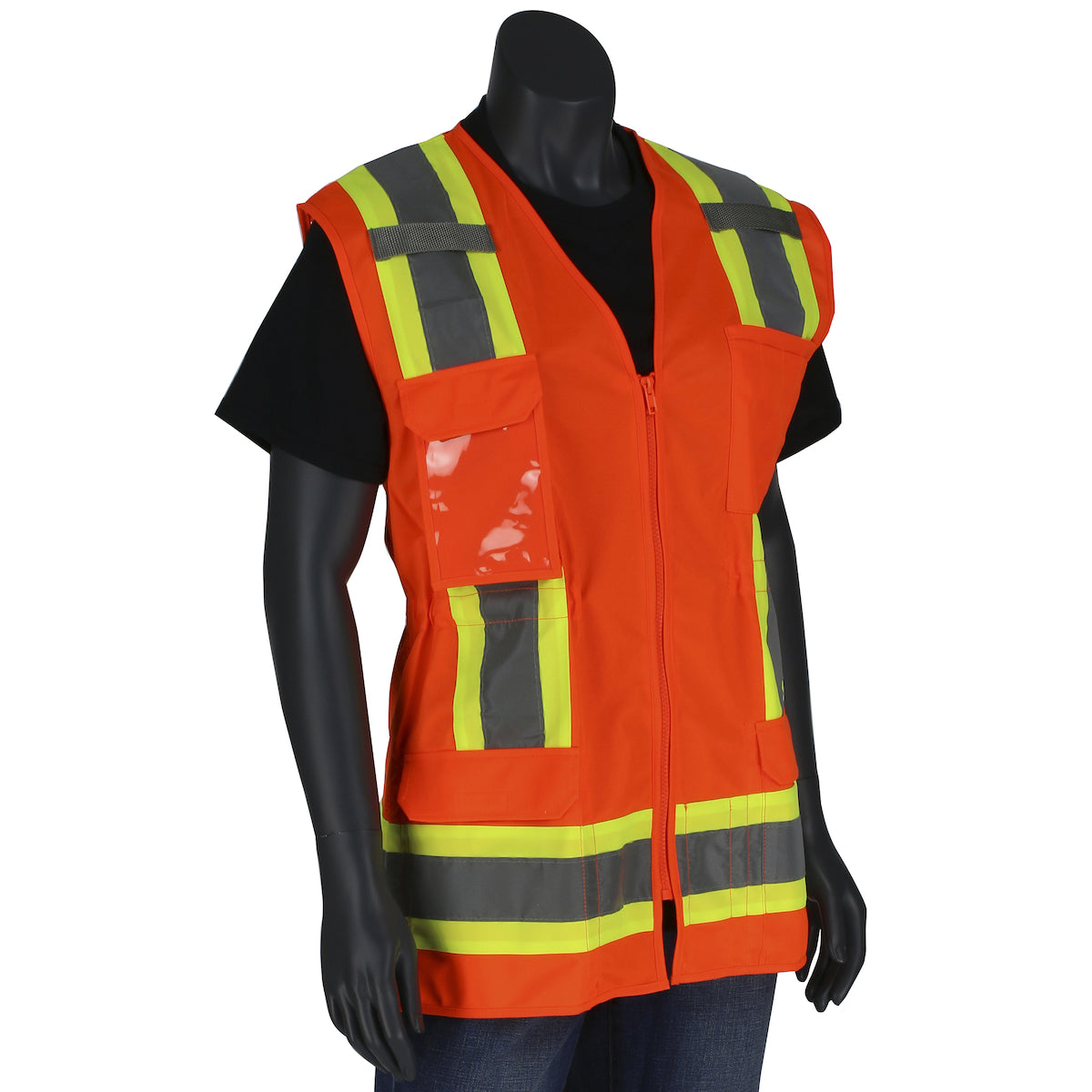 ANSI Type R Class 2 Women's Contoured Two-Tone Eleven Pocket Surveyors Vest with Solid Front/Mesh Back