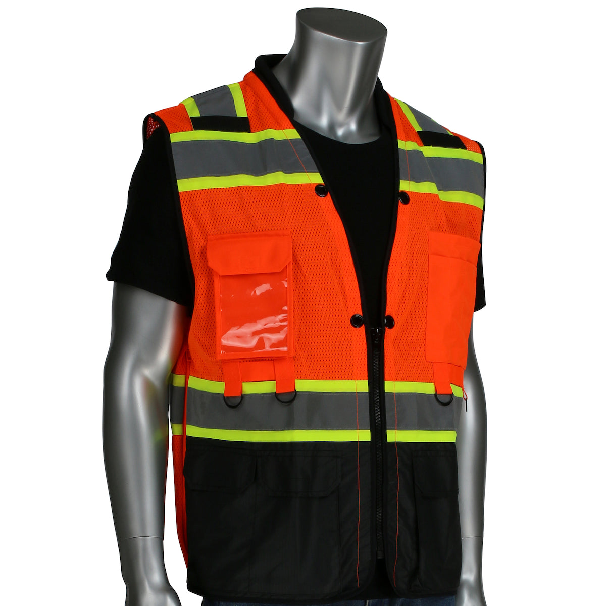 ANSI Type R Class 2 Two-Tone Twelve Pocket Tethering Vest with Ripstop Black Bottom Front and "D" Ring Access