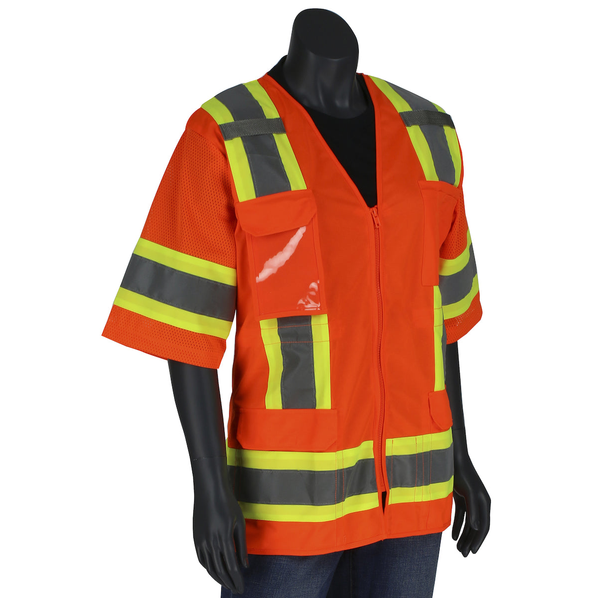 ANSI Type R Class 3 Women's Contoured Two-Tone Eleven Pocket Surveyors Vest with Solid Front/Mesh Back