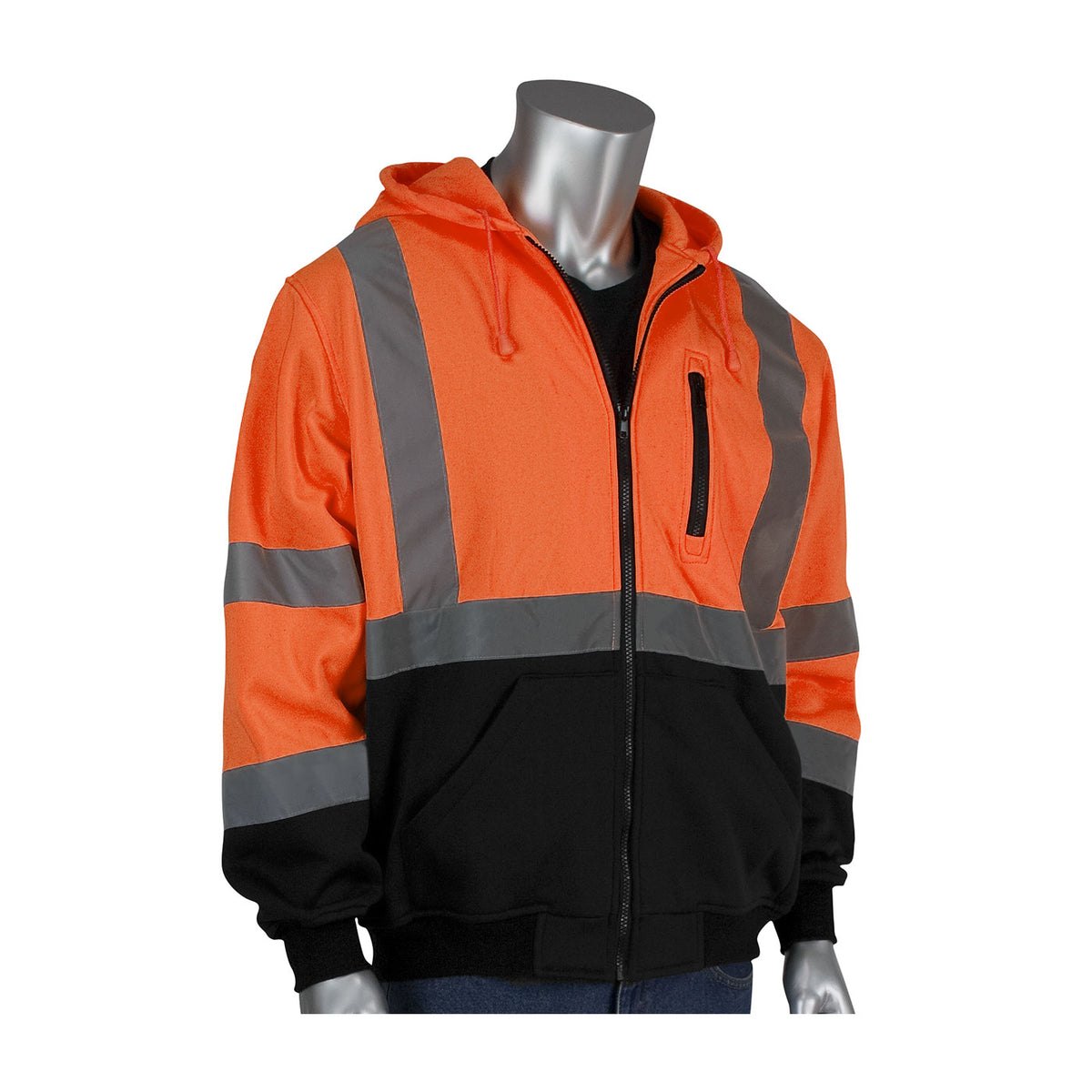 PIP ANSI Type R Class 3 Full Zip Hooded Sweatshirt with Black Bottom