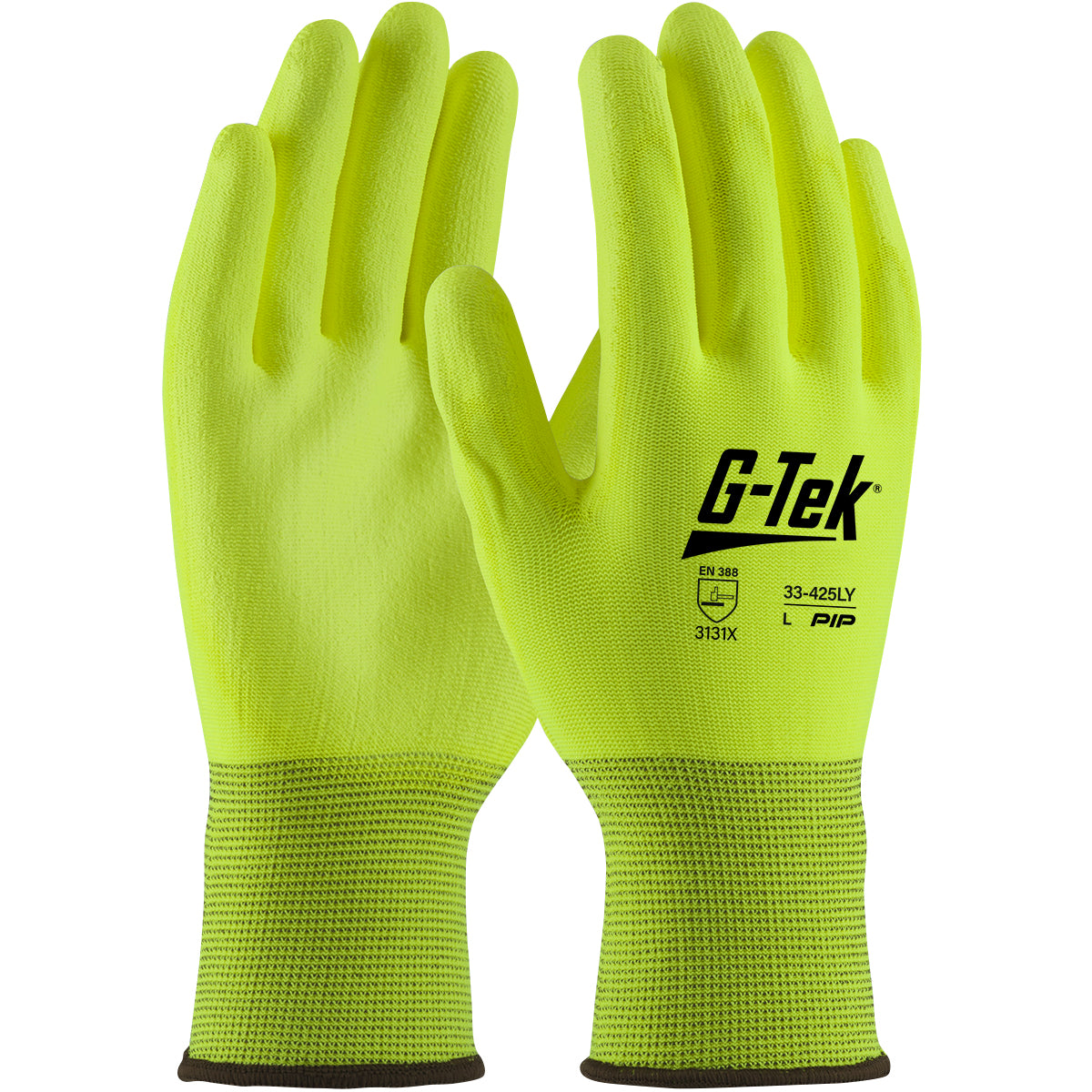 PIP Hi-Vis Seamless Knit Polyester Glove with Hi-Vis Polyurethane Coated Flat Grip on Palm & Fingers