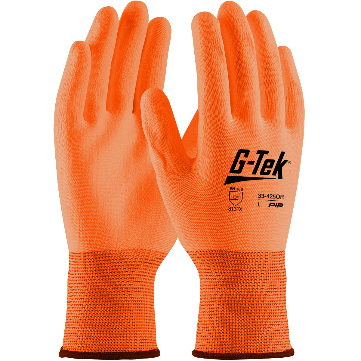 PIP Hi-Vis Seamless Knit Polyester Glove with Hi-Vis Polyurethane Coated Flat Grip on Palm &amp; Fingers
