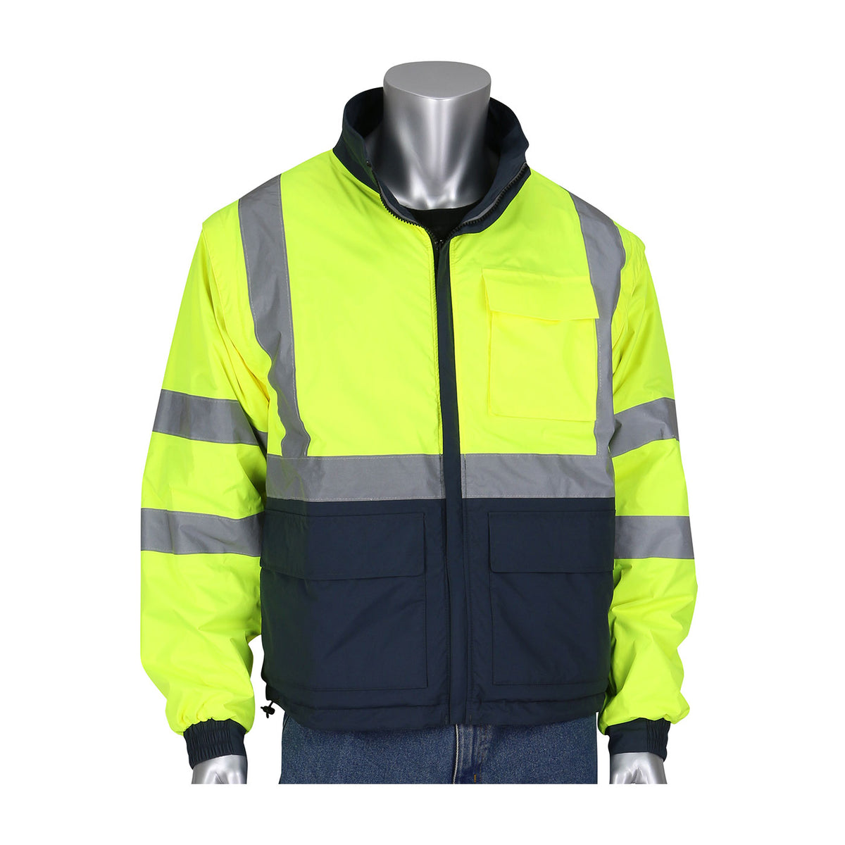 PIP ANSI Type R Class 3 4-in-1 Reversible Dark Gray Bottom Multi-Seasonal Windbreaker with Detachable Sleeves
