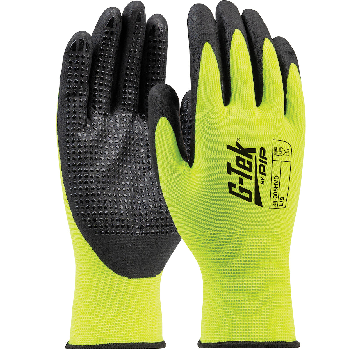 PIP Seamless Knit Hi-Vis Polyester Glove with Nitrile Coated Foam Grip on Palm & Fingers - 15 Gauge - Micro Dotted Grip