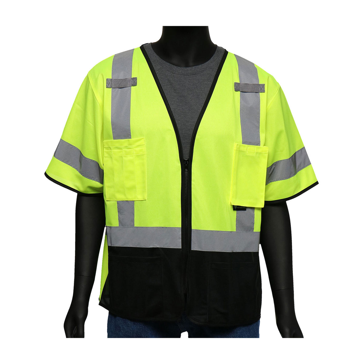 ANSI Type R Class 3 Five Pocket Solid Front/Mesh Back Vest with Black Bottom Front