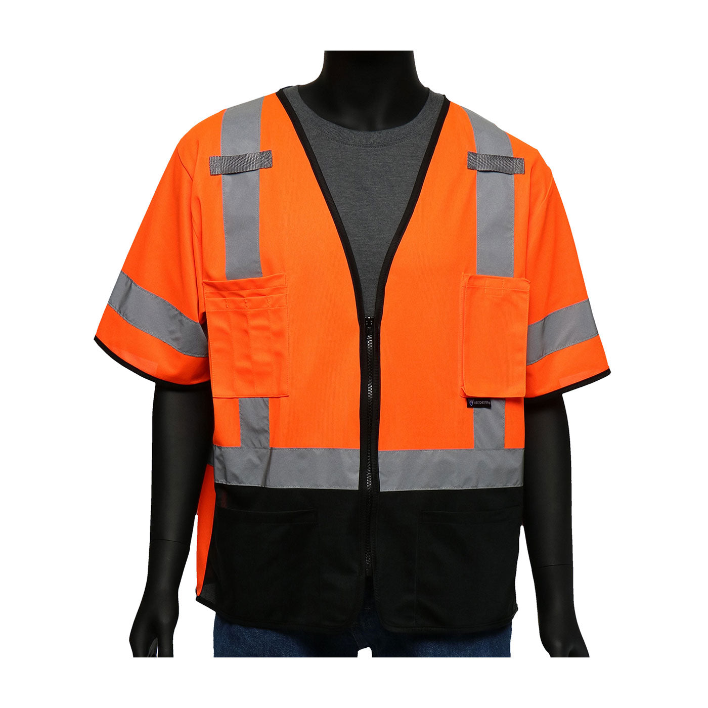 ANSI Type R Class 3 Five Pocket Solid Front/Mesh Back Vest with Black Bottom Front (47305)