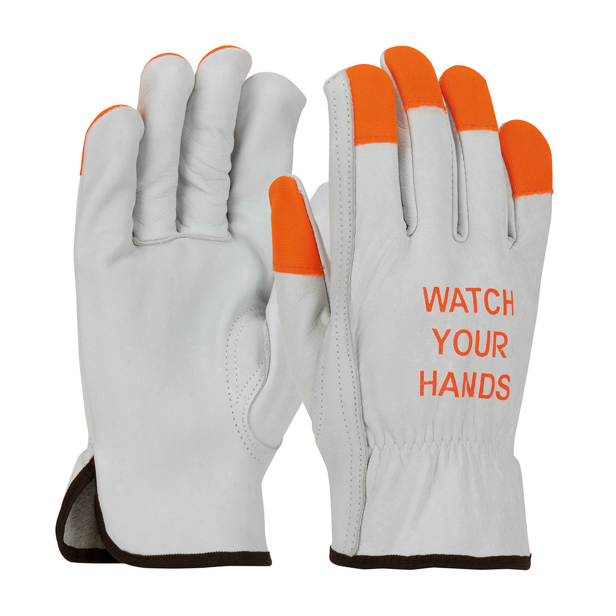 PIP Economy Grade Top Grain Cowhide Leather Drivers Glove with Hi-Vis Fingertips and "WATCH YOUR HANDS"- Keystone Thumb
