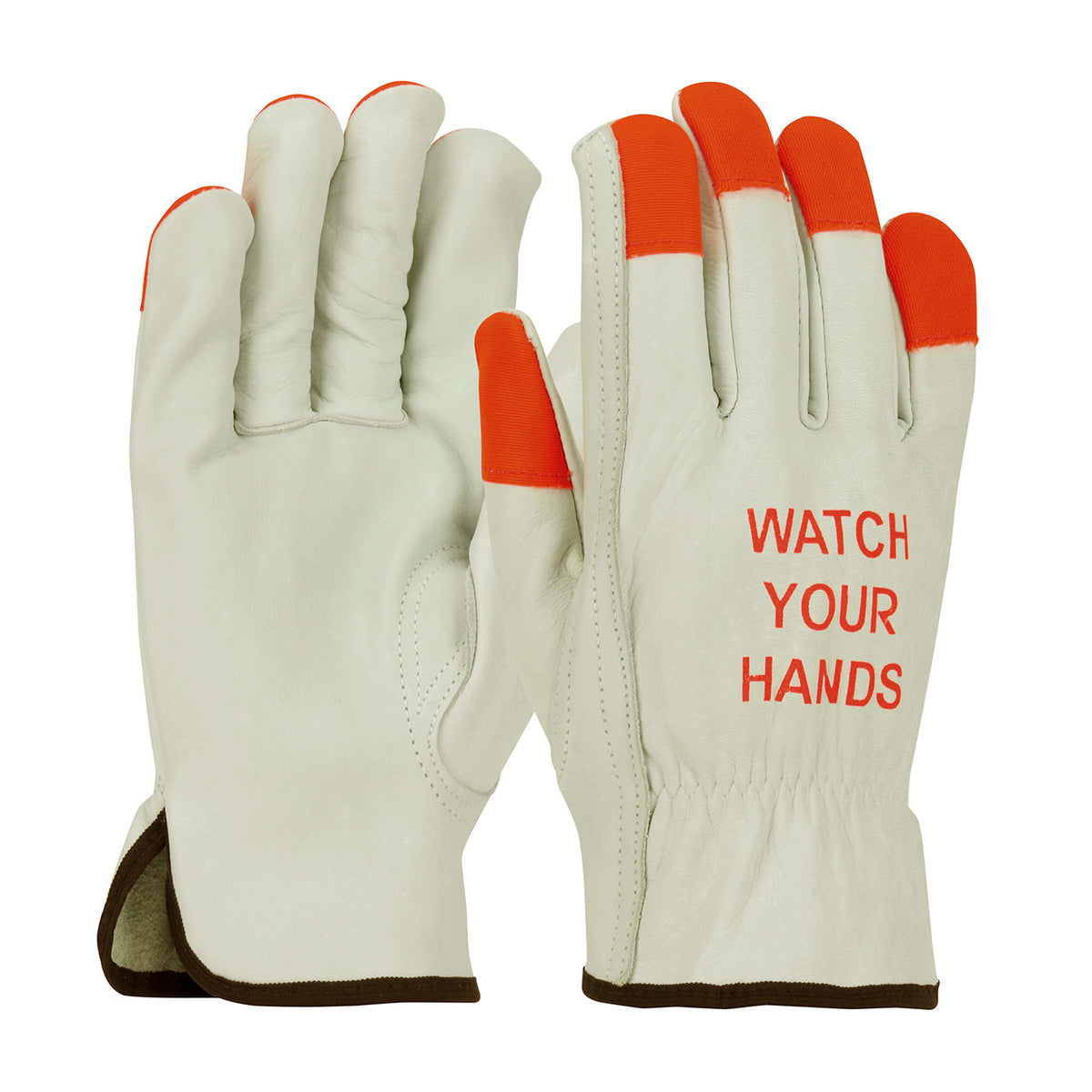 PIP Superior Grade Top Grain Cowhide Leather Drivers Glove with Hi-Vis Fingertips and "WATCH YOUR HANDS" Logo - Keystone Thumb