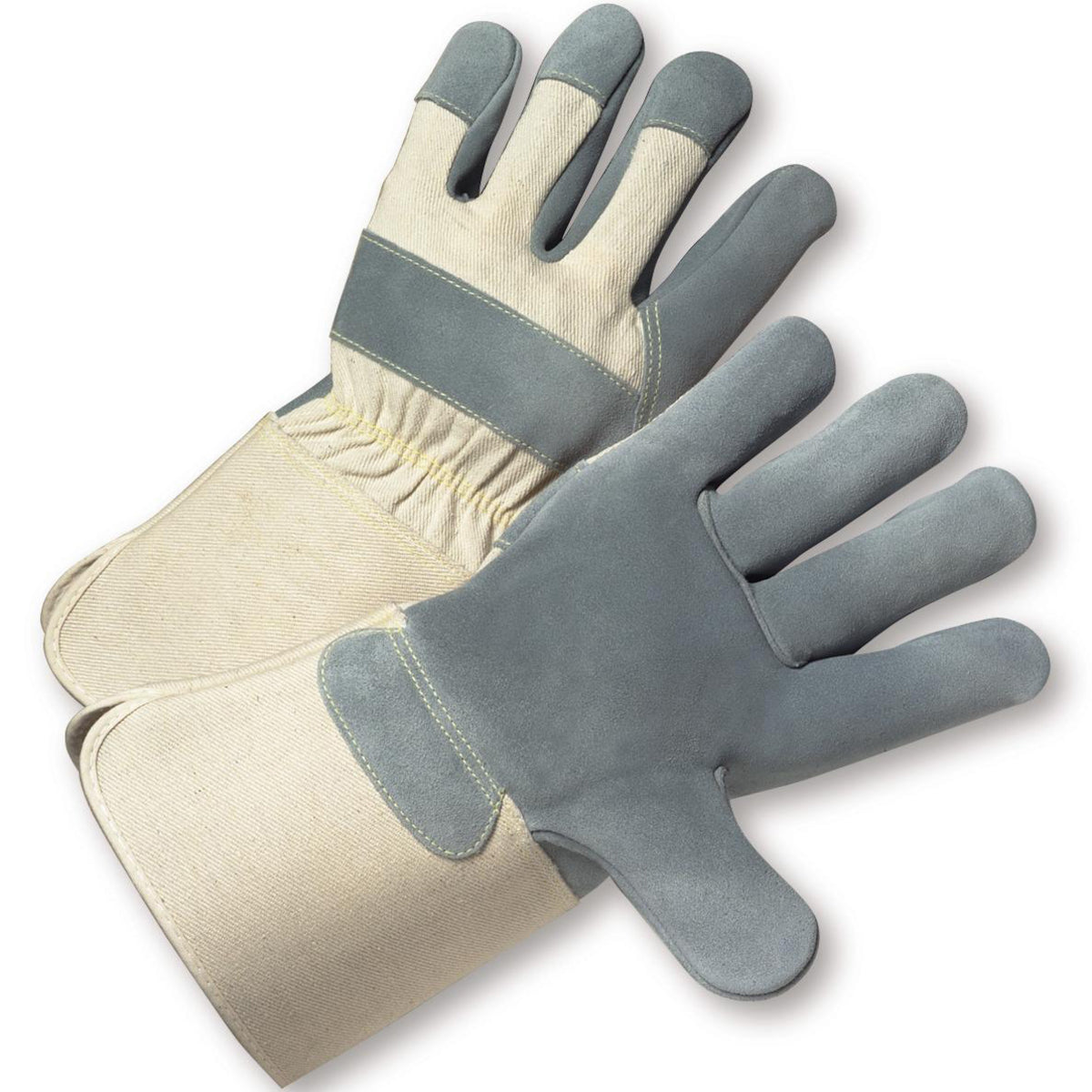 PIP Premium Grade Split Cowhide Leather Palm Glove with Canvas Back - Rubberized Gauntlet Cuff