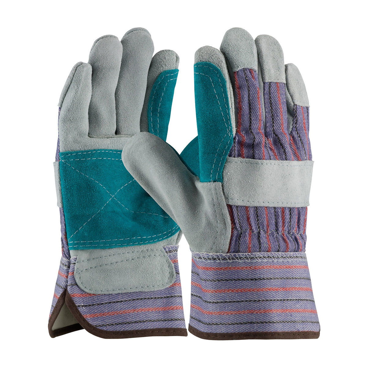 PIP Economy Grade Split Cowhide Leather Double Palm Glove with Fabric Back - Rubberized Safety Cuff