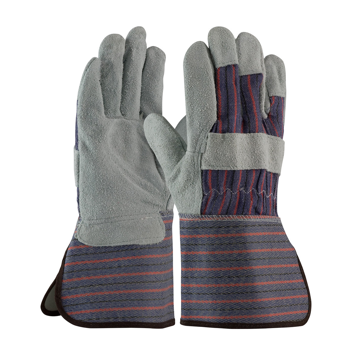 PIP Economy Grade Split Cowhide Leather Palm Glove with Fabric Back - Rubberized Gauntlet Cuff