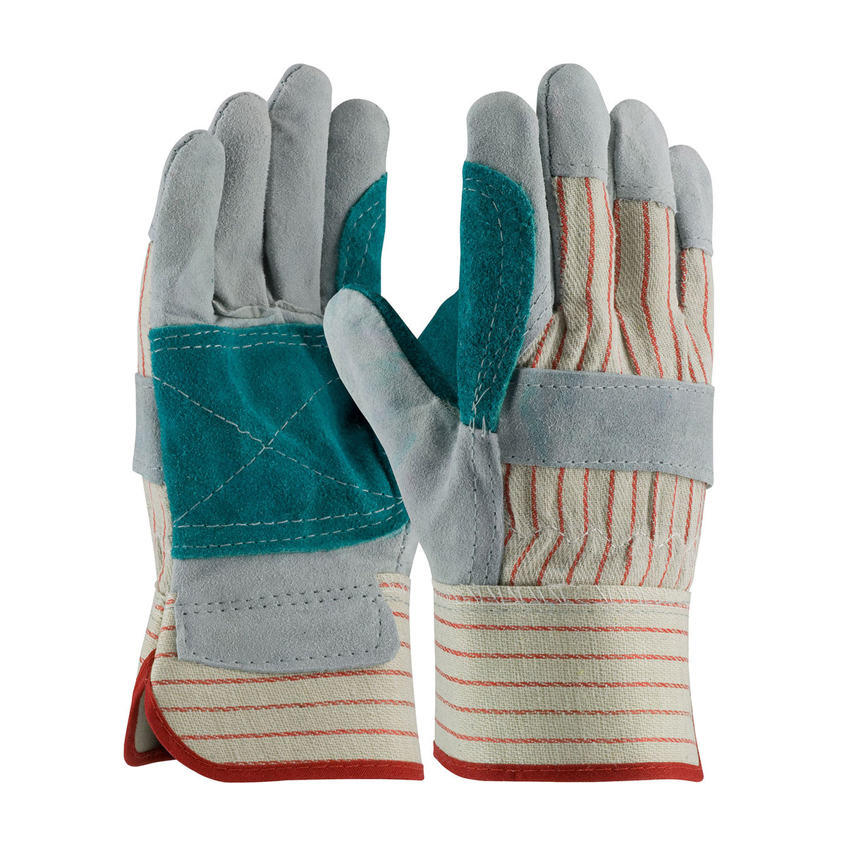 PIP Industry Grade Split Cowhide Leather Double Palm Glove with Fabric Back - Rubberized Safety Cuff