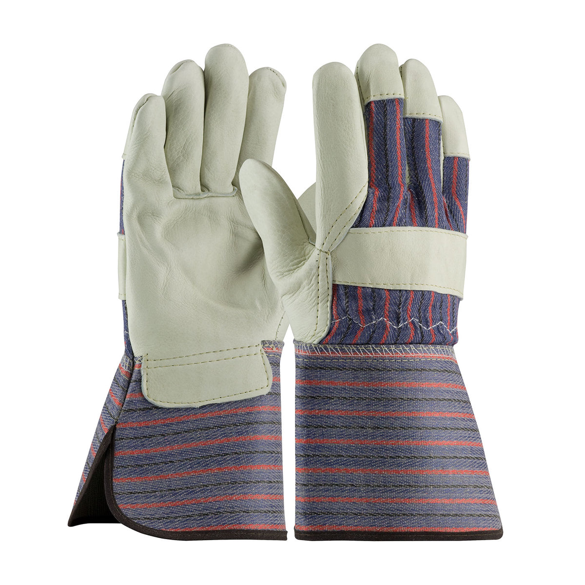 PIP Regular Grade Top Grain Cowhide Leather Palm Glove with Fabric Back - Rubberized Gauntlet Cuff