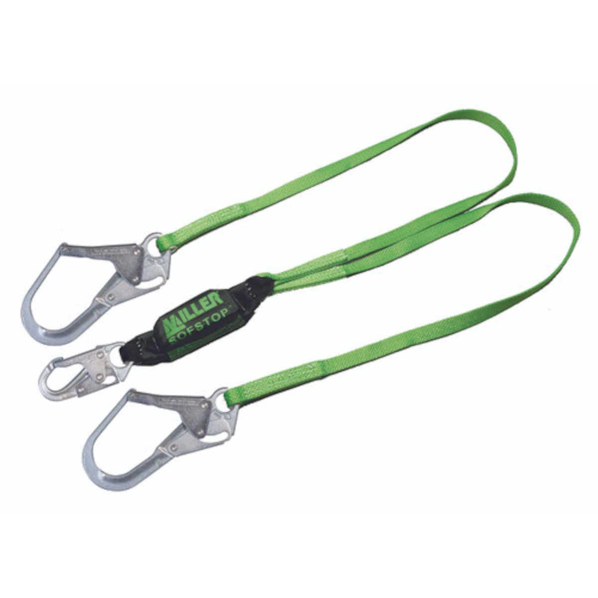 Miller Double Leg Web Lanyard with SofStop® Energy Absorber, Locking Snap Hook and Locking Rebar Hook – 6'