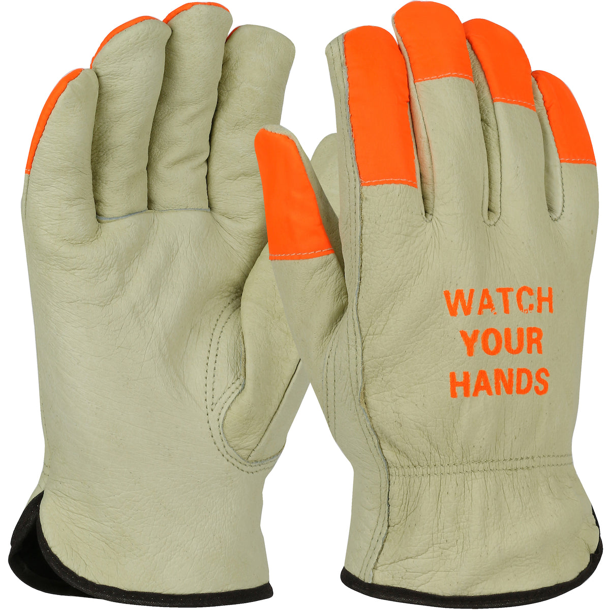 PIP Top Grain Pigskin Leather Drivers Glove with Black Thermal Lining and Hi-Vis Fingertips & WYH Logo