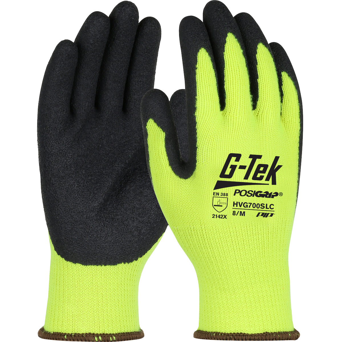 PIP Regular Weight Hi-Vis Seamless Knit Polyester Glove with Latex Coated Crinkle Grip on Palm &amp; Fingers