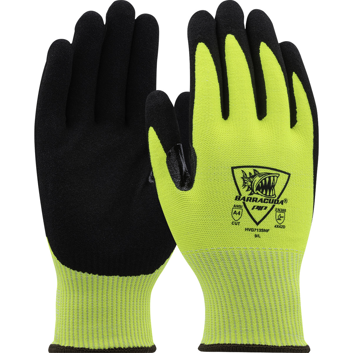 PIP Hi-Vis Seamless Knit A4 PolyKor® Blended Glove with Nitrile Coated Sandy Grip on Palm &amp; Fingers - Touchscreen