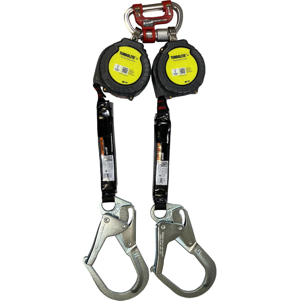 Miller Twin Personal Fall Limiter with G2 Twin Connector and Aluminum Locking Rebar Hook – 9'
