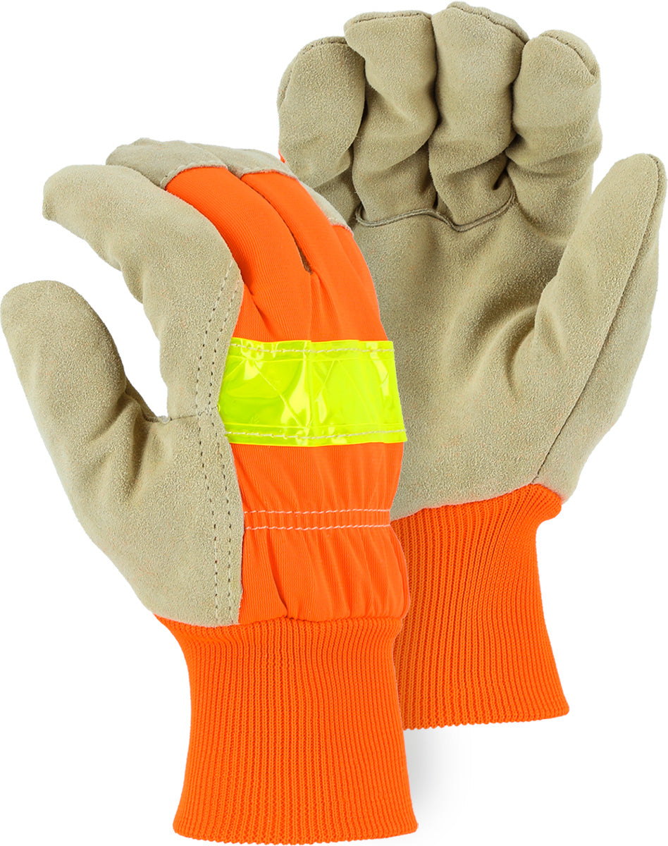 Winter Lined Split Pigskin Leather Palm Glove with High Visibility Woven Back