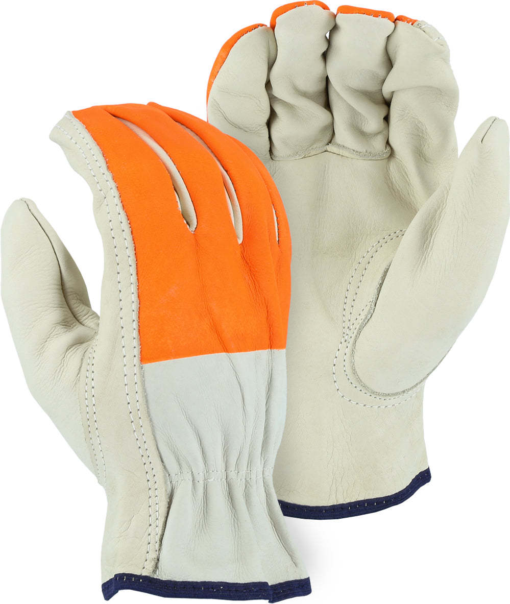 Cowhide, High Vis Orange Cloth Fingers, Drivers Glove