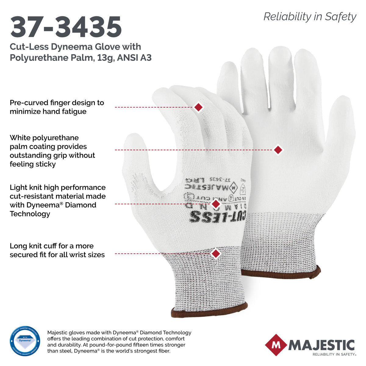 Cut-Less Dyneema Glove with Polyurethane Palm, 13g, ANSI A3