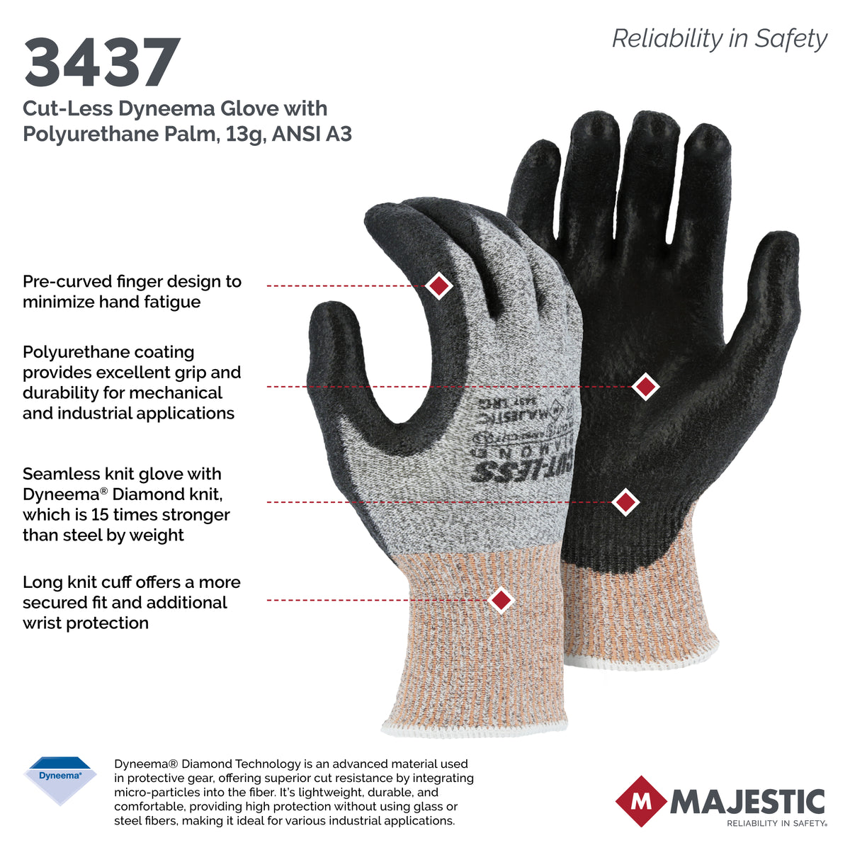 Cut-Less Dyneema Glove with Polyurethane Palm, 13g, ANSI A3