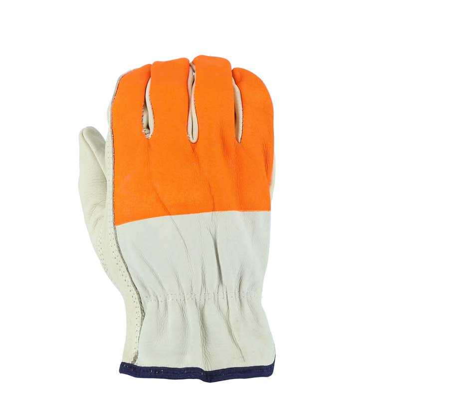 Cowhide, High Vis Orange Cloth Fingers, Drivers Glove