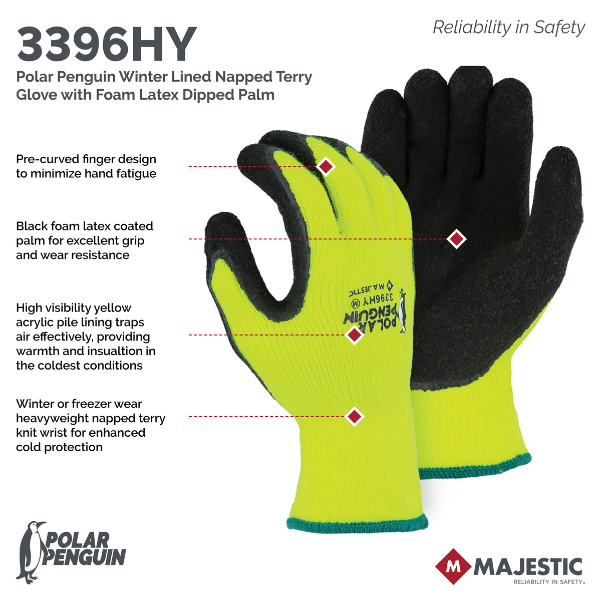 Polar Penguin Winter Lined Napped Terry Glove with Foam Latex Dipped Palm