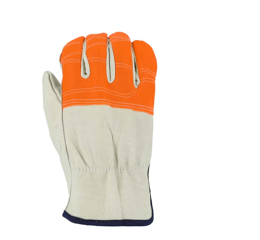 Cowhide, High Vis Orange Cloth Fingers, Drivers Glove