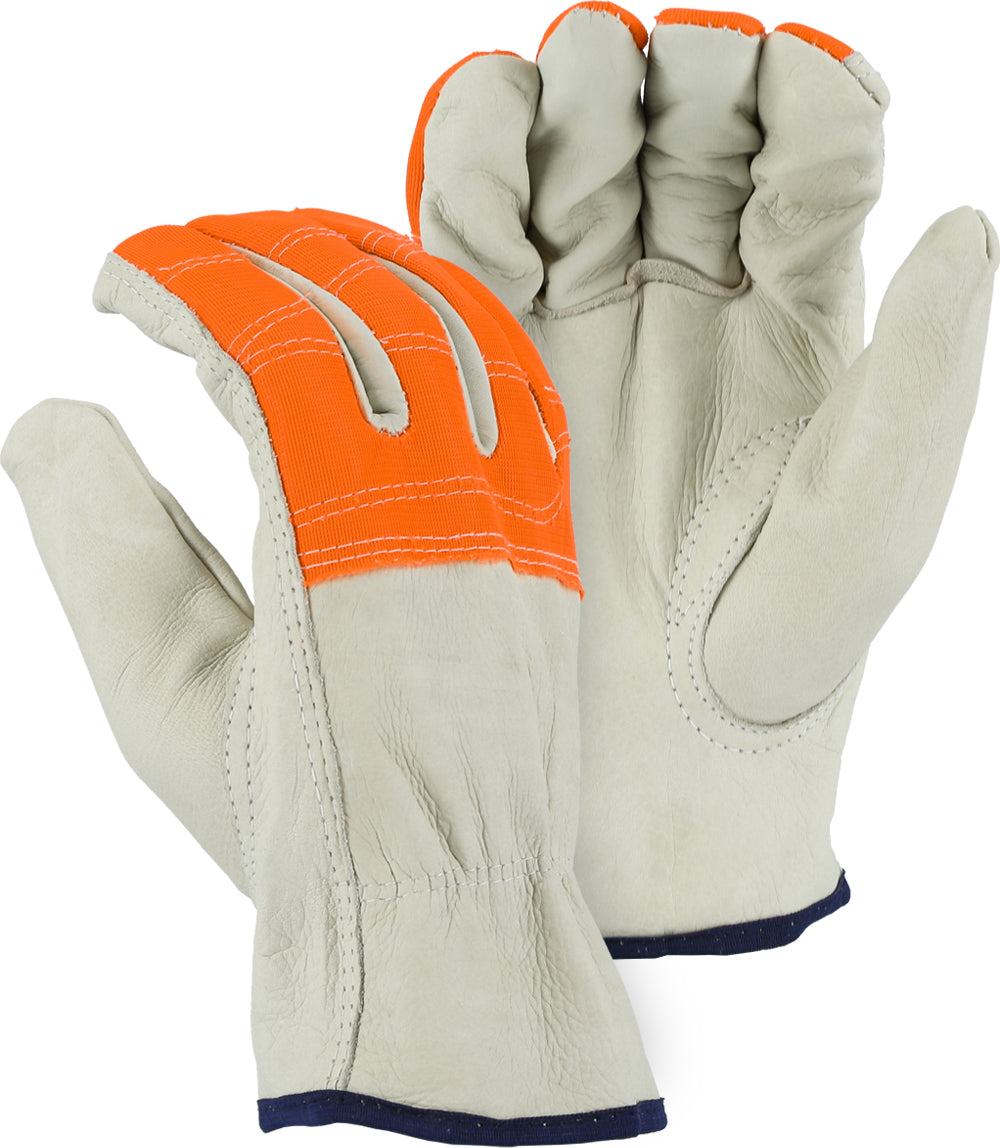 Cowhide, High Vis Orange Cloth Fingers, Drivers Glove
