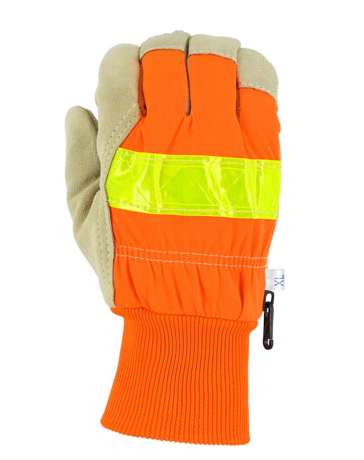 Winter Lined Split Pigskin Leather Palm Glove with High Visibility Woven Back