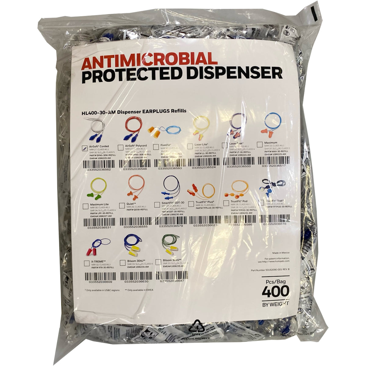 Tapered Reusable TPE Corded Ear Plugs - Dispenser Refill Pack - NRR 27 (DPAS-30R-REFILL)