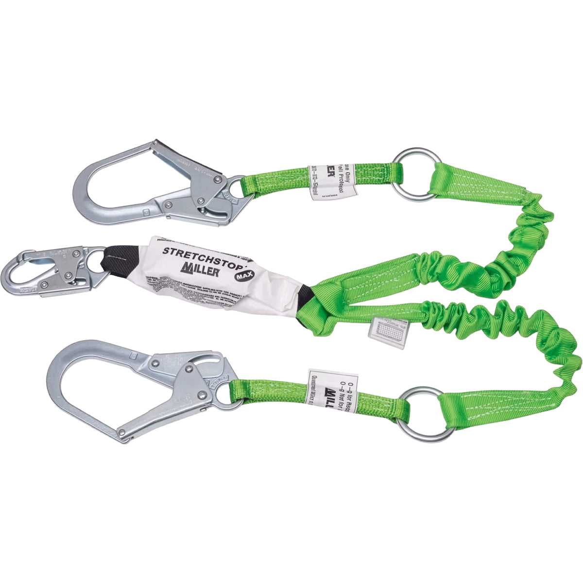 Miller Double Leg Stretechable Lanyard with Double SofStop® Absorbers, Rebar Hooks and Integrated Rescue Ring – 6'