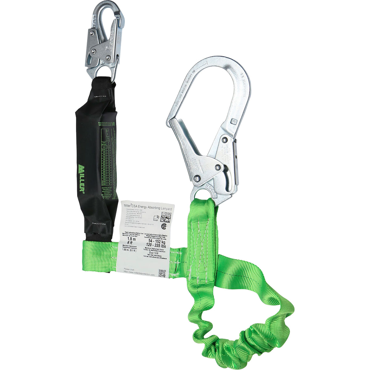 Miller Web Lanyard, with SofStop® Energy Absorber, Single-Leg, Snap Hook and Large Rebar Hook Connections – 6'