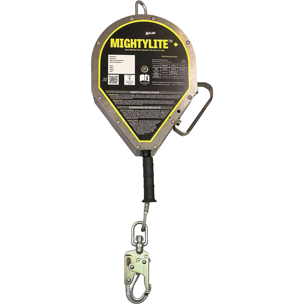 Miller Self-Retracting Lifeline with Galvanized Steel Cable, Steel Carabiner and Steel Swivel Snap Hook