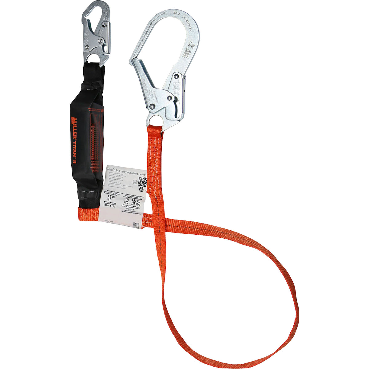 Miller Single Leg Pack-Type Shock-Absorbing Web Lanyard with Locking Snap Hook and Large Locking Rebar Hook