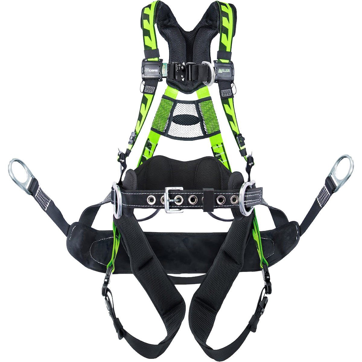 Miller Premium Tower Climbing Harness with Lightweight Aluminum Hardware, 5 Points of Adjustment, Back/Front/Side D-Rings, Removable Belt, Removable Bos'n Chair and Quick-Connect Chest & Leg Buckles – L/XL