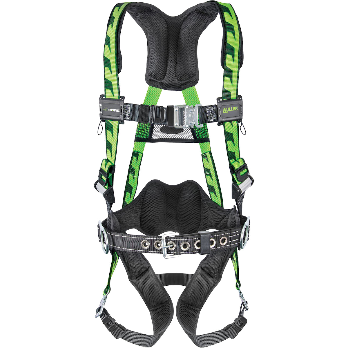 Miller Premium Breathable Full-Body Harness with Steel Hardware, 5 Points of Adjustment, Back/Side D-Rings, Quick-Connect Chest & Leg Buckles and Lumbar Pad – L/XL