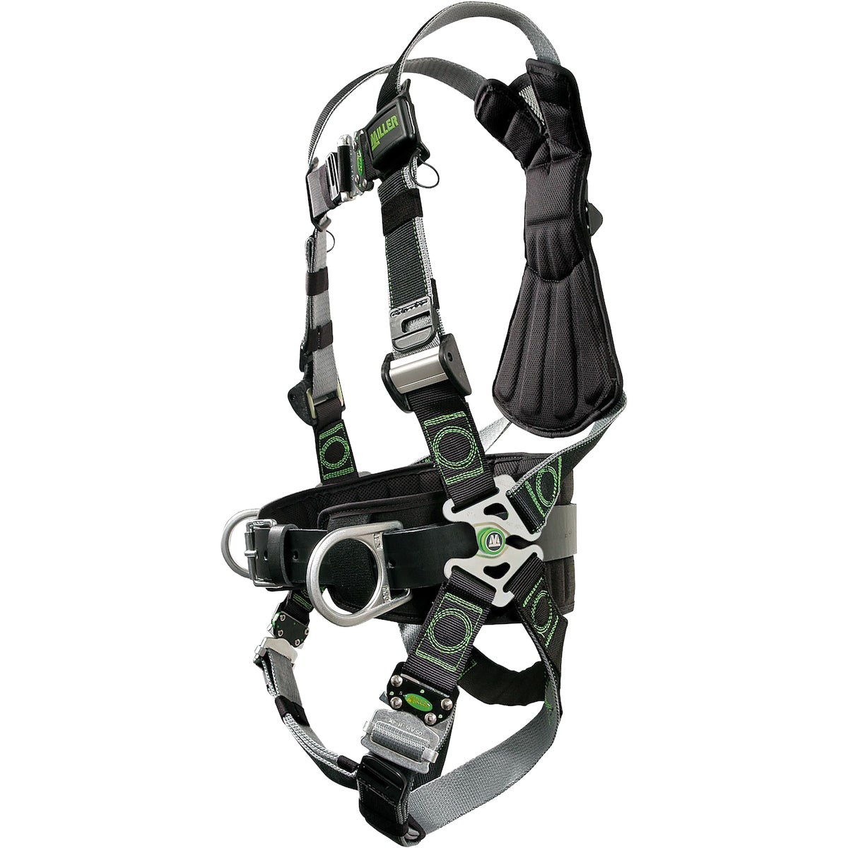Miller Premium Full-Body Harness with DualTech™ Webbing, 5 Points of Adjustment, with Back / Front / Side D-Rings, and Removable Belt, with Quick-Connect Chest &amp; Leg Buckles – L/XL